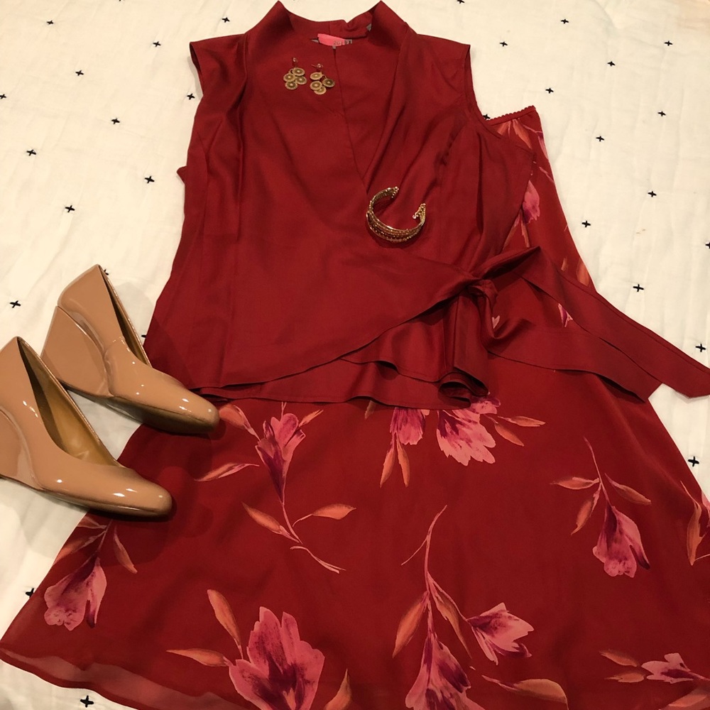 Flame-colored Floral 100% Silk Shirt & Skirt Set